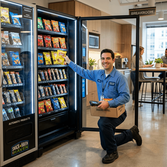 A professional vending machine technician restocking fresh products