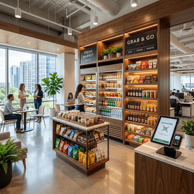 Custom micro market and vending machine setup in a Denver office breakroom